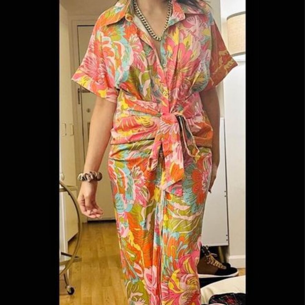 Brand new multicolored satin maxi dress with belt